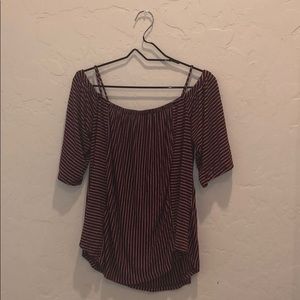 off the shoulder white striped maroon top